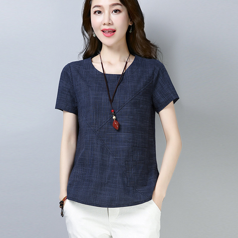 夏装棉麻上衣女装短袖2021新款麻料宽松t恤女显瘦亚麻棉百搭中年t