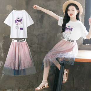 童装女童套装2023夏季韩版中大童网纱休闲连衣裙短袖上衣两件套潮