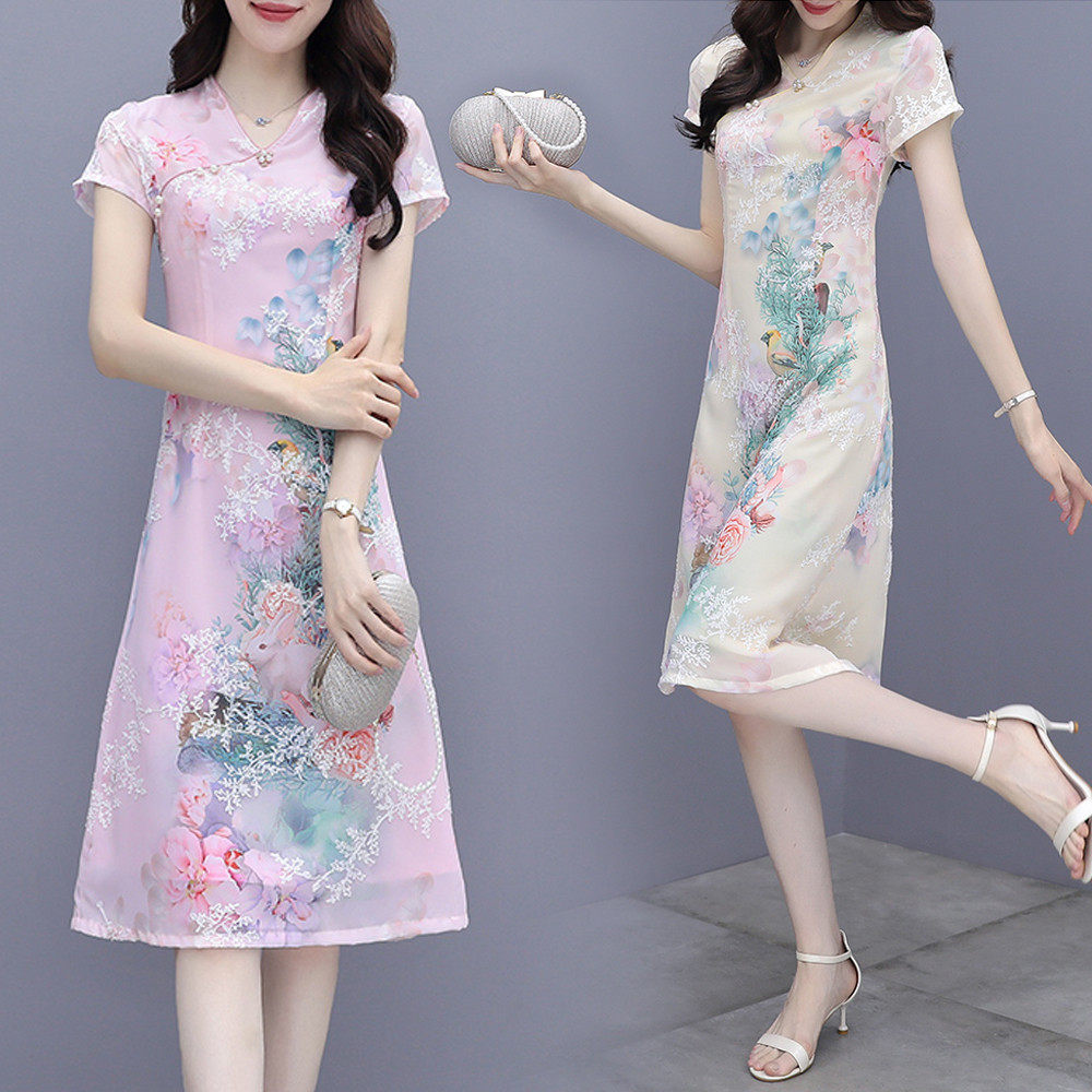 复古碎花裙改良旗袍裙雪纺连衣裙女夏季-特价促销-优惠券领取-价格