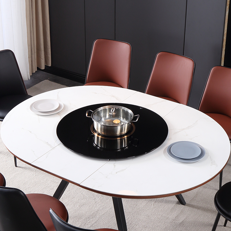 意式极简现代岩板餐桌椅可拉伸椭圆型家用带转盘电磁炉火锅多功能