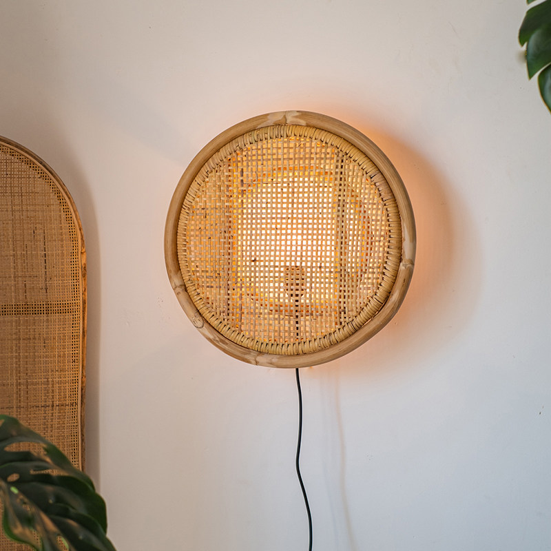 掬涵手工藤编灯罩壁挂吊灯田园复古特色餐厅民宿茶室装饰灯具