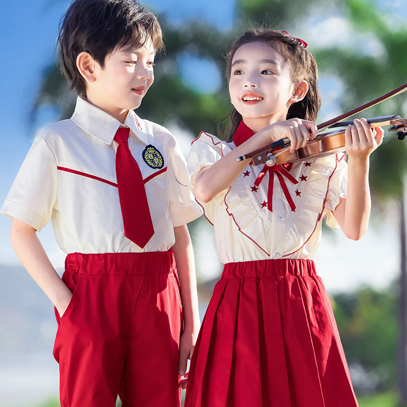 小学生校服套装棉布英伦风幼儿园园服夏装红色班服六一儿童演出服