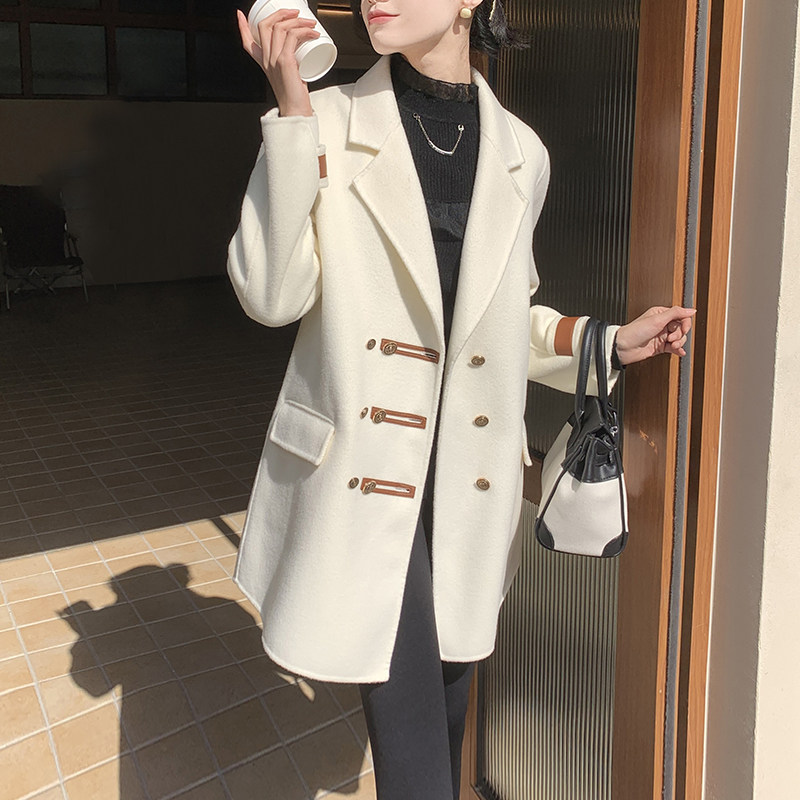 白色双面羊绒大衣女小个子中长款2021年秋冬新款时尚洋气品牌毛呢