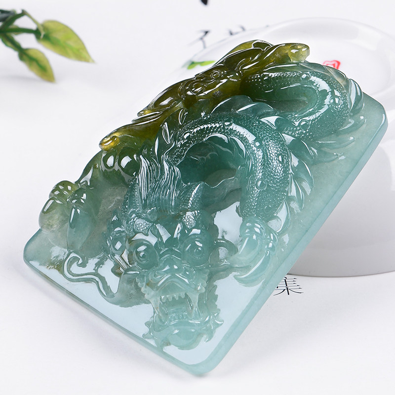 天然缅甸a货翡翠冰种蓝水龙牌吊坠80.37g