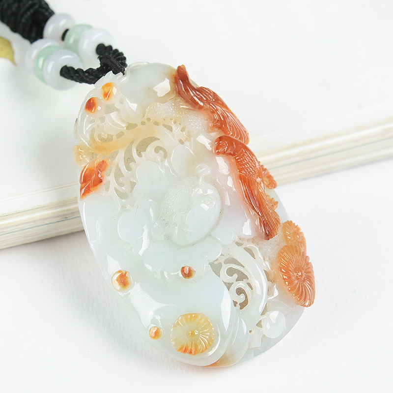 【即刻拍】石舍工作室作品a货翡翠花开富贵吊坠59.85g(带绳)