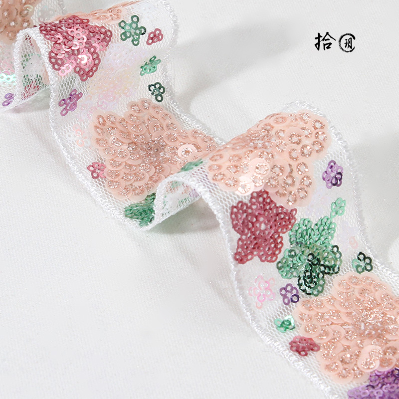 3.5cm珠片刺繡條碼網紗彩色立體花朵亮片織帶服裝包鞋帽花邊輔料在類目 紡織面料/輔料/配套, 紡織輔料, 服裝花邊中 - 來自Buy2taobao.com提供專業的淘寶代購服務