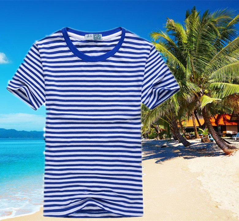 夏季海魂衫男条纹短袖 青年纯棉圆领宽松蓝白条半袖t恤海军衫包邮