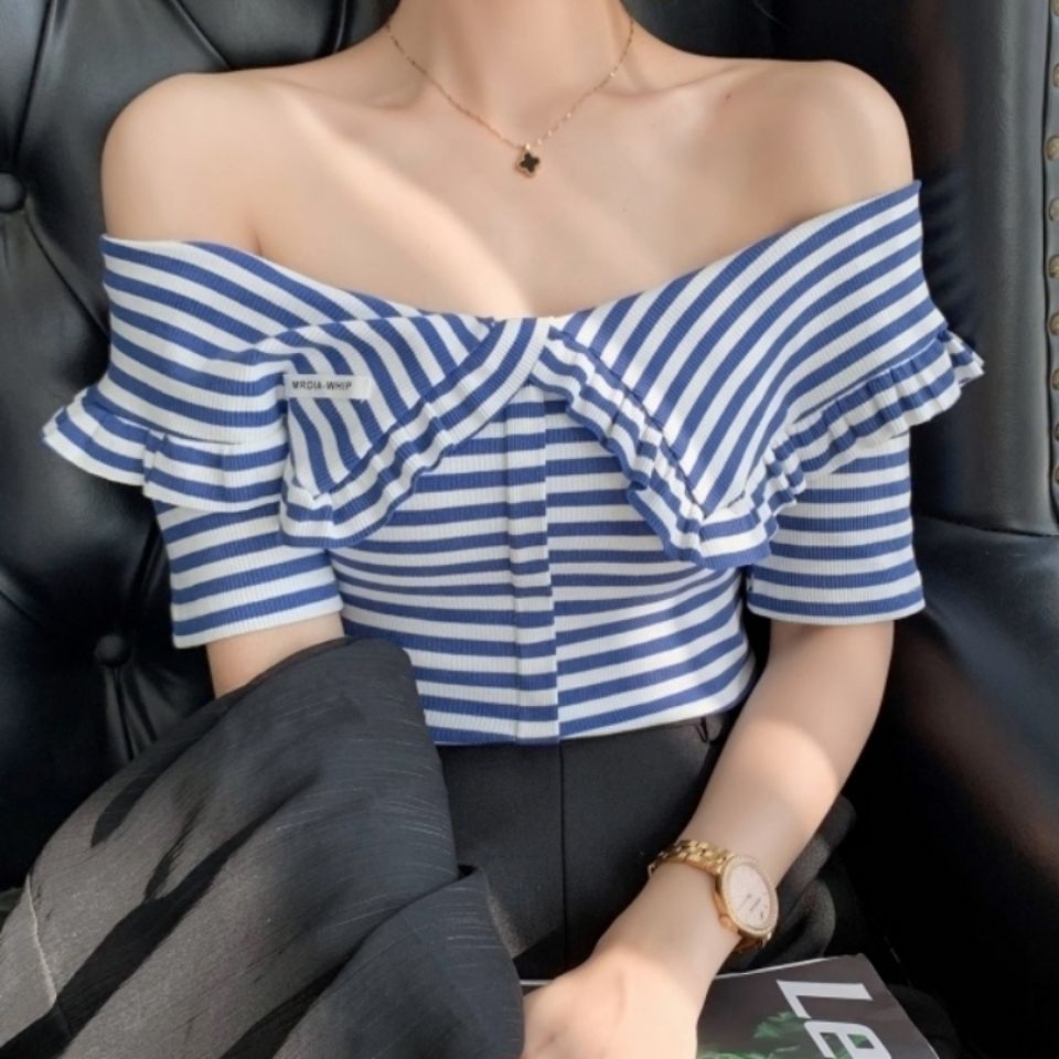 大领口条纹短袖t恤女2022新款短款露肩一字肩上衣女设计感小众夏