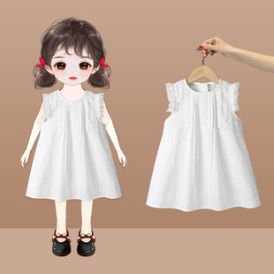 女童连衣裙夏季2024新款女宝宝小飞袖背心裙子白色洋气薄款公主裙