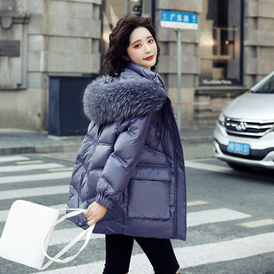 outside大毛领a字茧型羽绒服女冬装新款英伦风白鸭绒百搭紫色外套