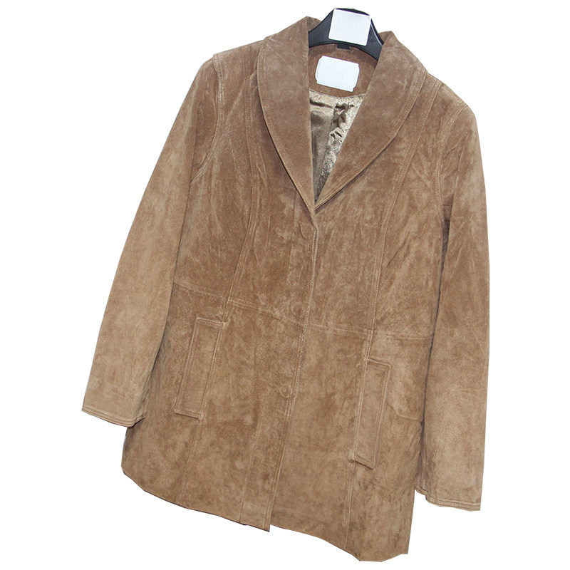 尖货新款订单余量清仓复古风反绒猪皮真皮衣男女修身中长款青果领