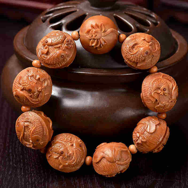 橄榄高端核手荷玩鱼戏20z圆光珠文双手串男佛珠