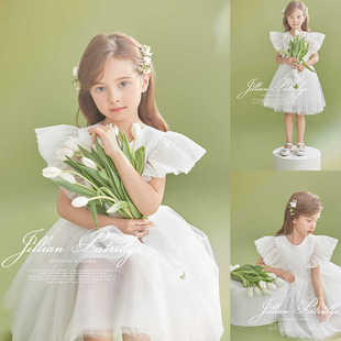 儿童摄影服装女孩白色公主裙照12岁拍照服装复古婚纱白色公主头纱