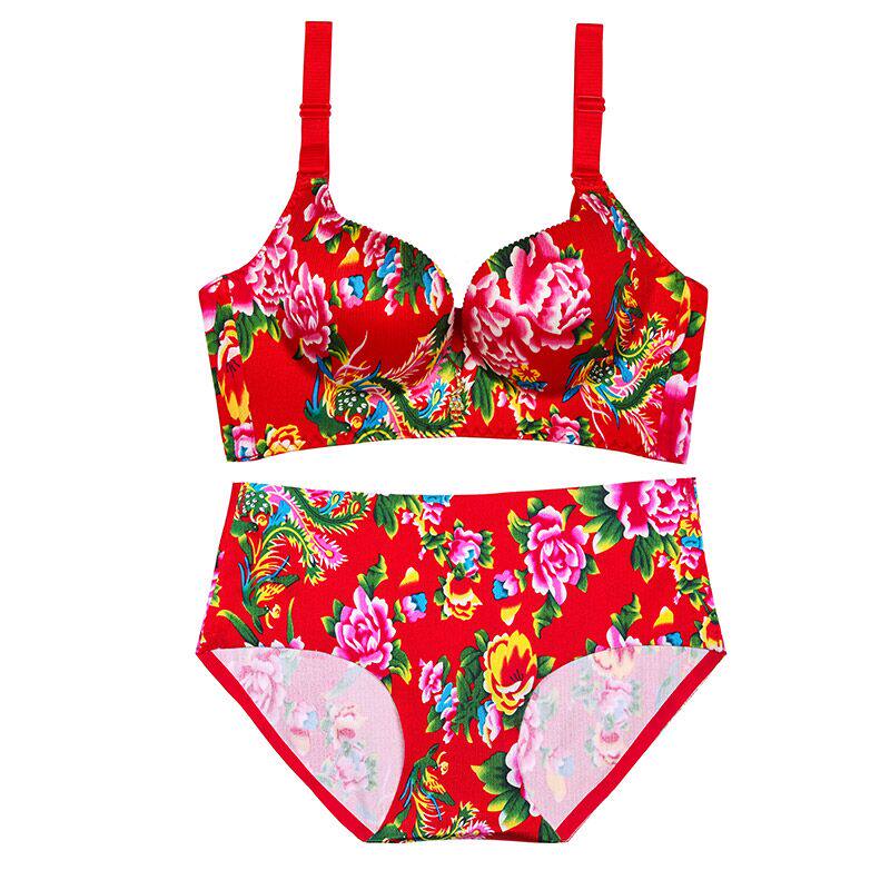 东北大花龙凤拉丝无痕无钢圈深v性感聚拢文胸收副乳结婚女红内衣