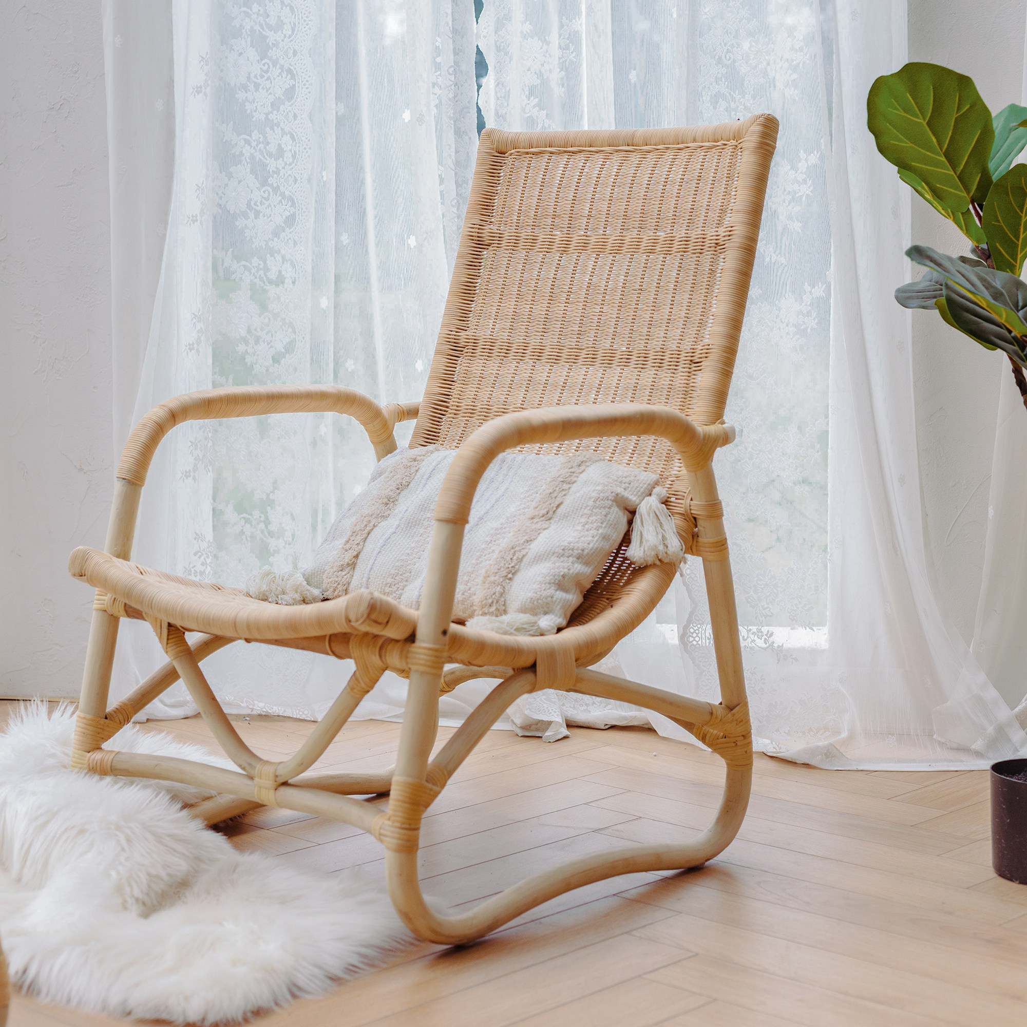 真藤椅躺椅藤编织单人阳台休闲北欧客厅高靠背椅子家用藤制沙发椅