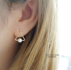 不褪色 珍珠耳钉 美国14K包金几何三角形耳环 女 简约 手工定制