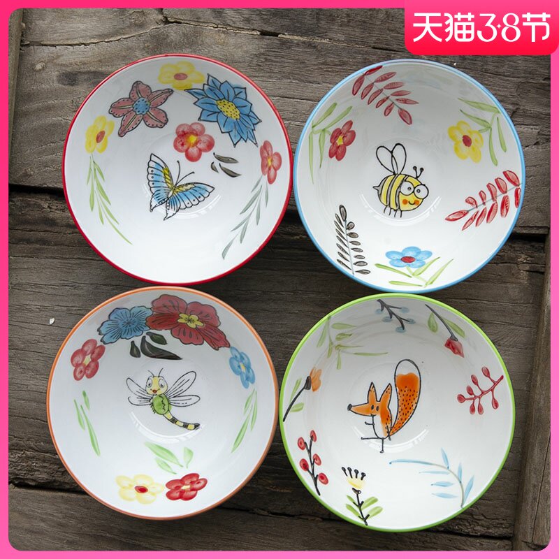 和风四季手绘卡通釉下彩陶瓷5英寸斗笠饭碗装米饭碗水果碗甜品碗