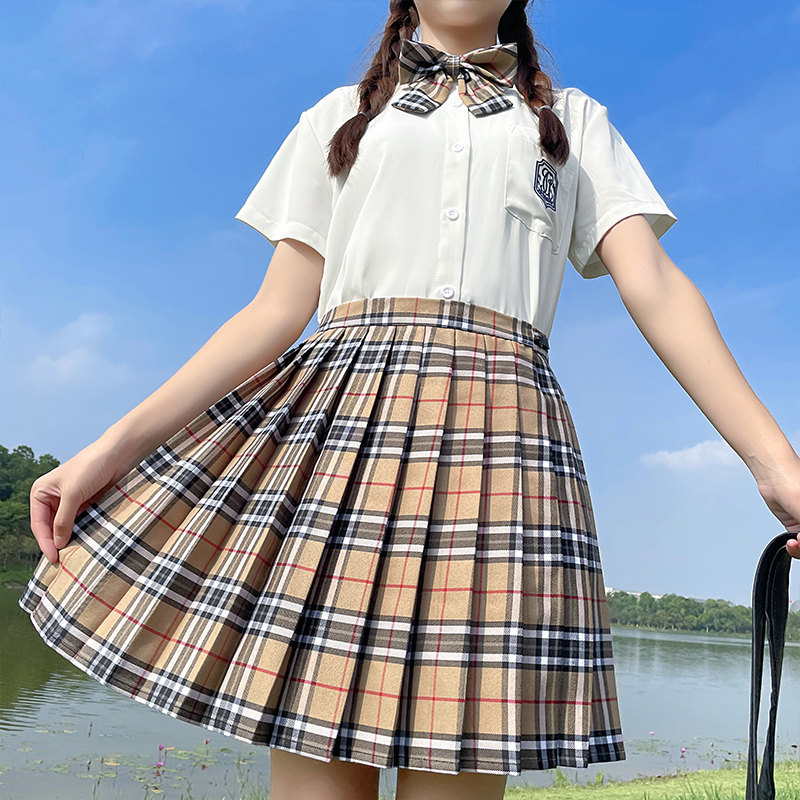 实拍原创 短袖jk制服裙套装 黄格子JK百褶裙学院风学生制服