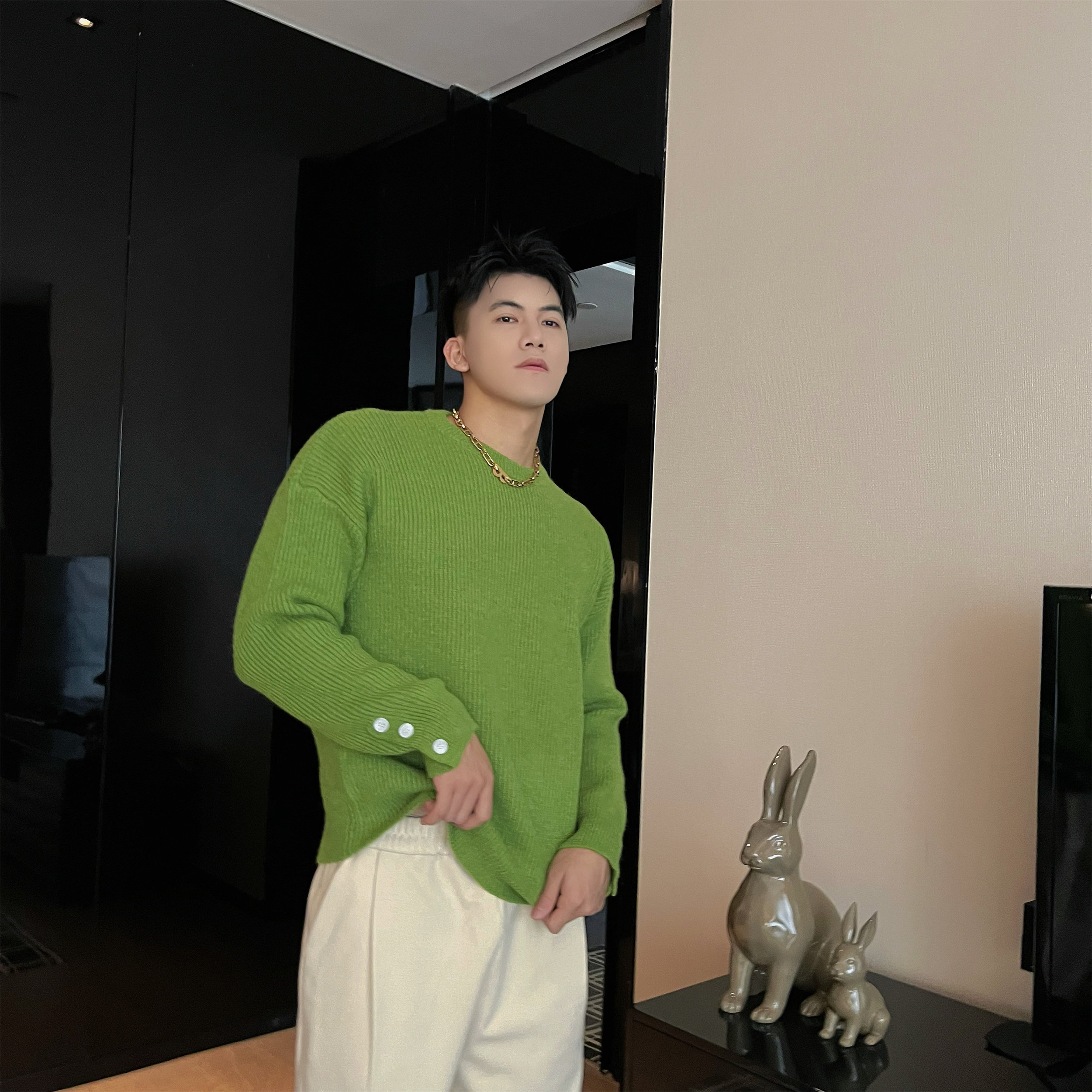 光膀子哥冬季新款 ins网红绿色简约保暖花纹休闲针织衫毛衣男