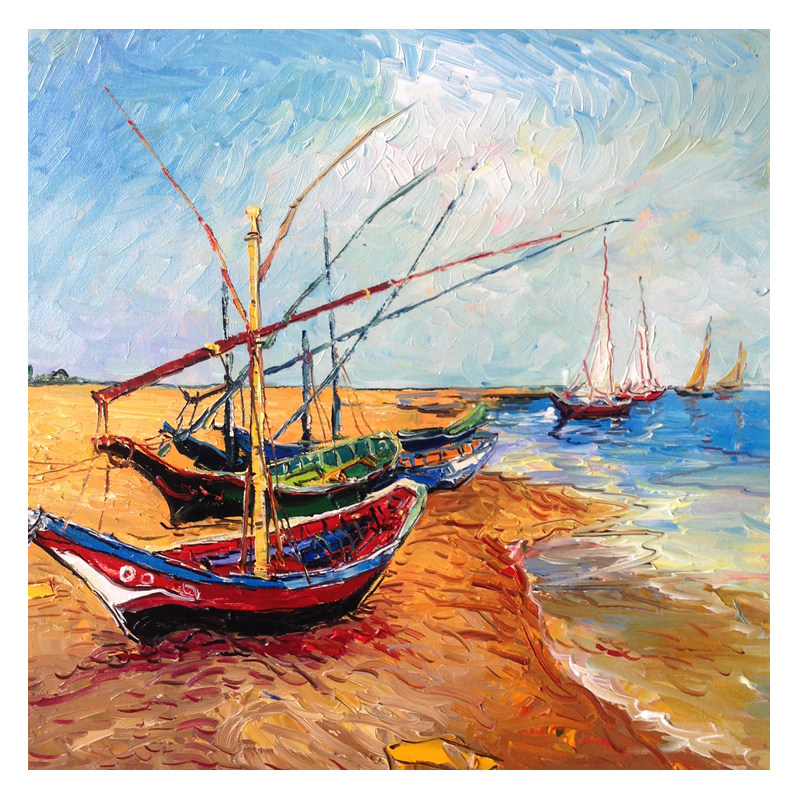 【即刻拍】临摹 梵高《圣玛迪拉莫海边的船》 布面油画