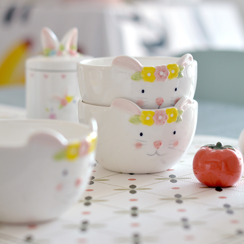 可爱兔子手绘陶瓷碗粉嫩少女风浮雕水果碗沙拉碗卡通日用米饭碗