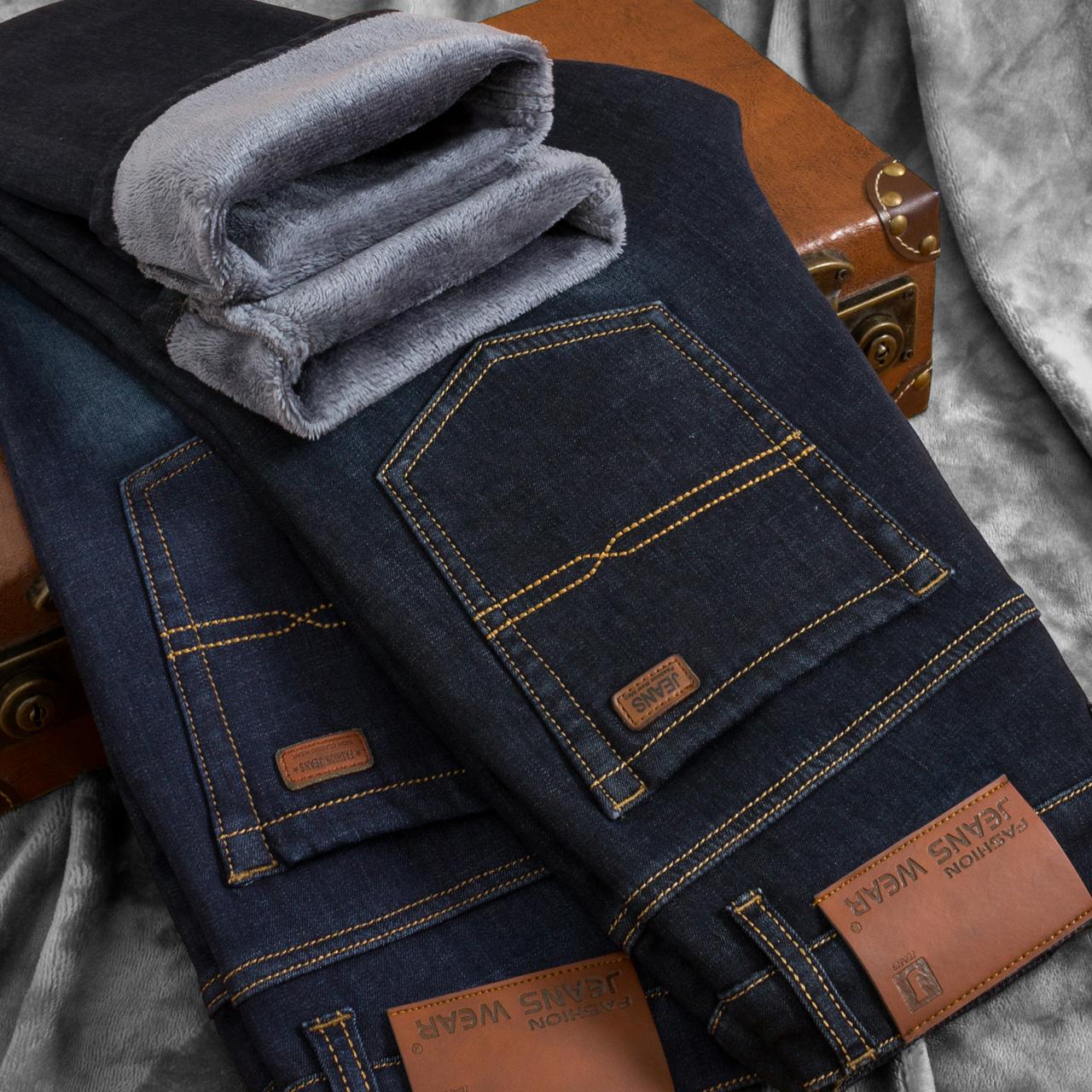 秋鼕款加絨加厚男士牛仔褲男直筒修身保暖帶絨青年彈力鼕季男褲子