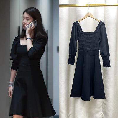 欢乐颂3杨采钰方芷衡露西同款衣服黑色方领连衣裙女收腰显瘦裙子