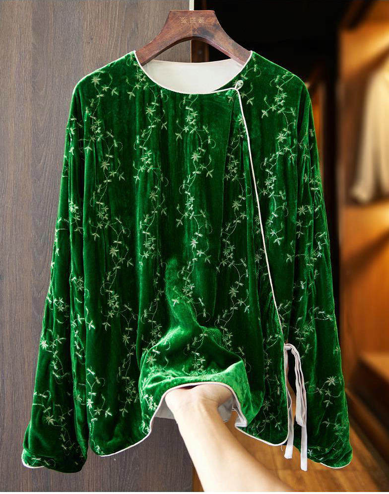 品牌折扣清仓绿色中式真丝绒上衣国风刺绣高贵洋气金丝绒衬衫外套