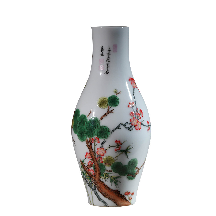 【直供】《珐琅彩松竹纹橄榄瓶》 艺术瓷厂老画师 罗梅凤作品