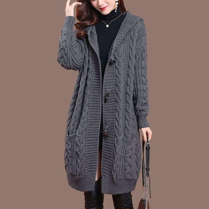 冬季加厚毛衣开衫女中长款针织外套宽松大码胖mm连帽麻花外搭