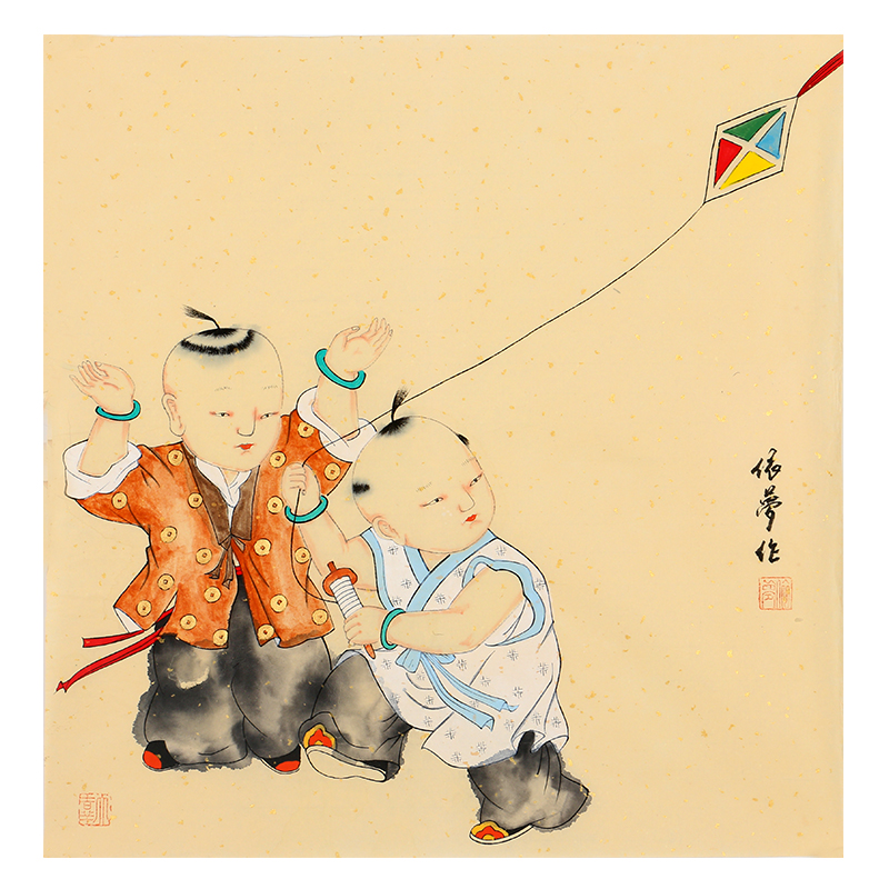 李依梦《童趣系列斗方之放风筝》