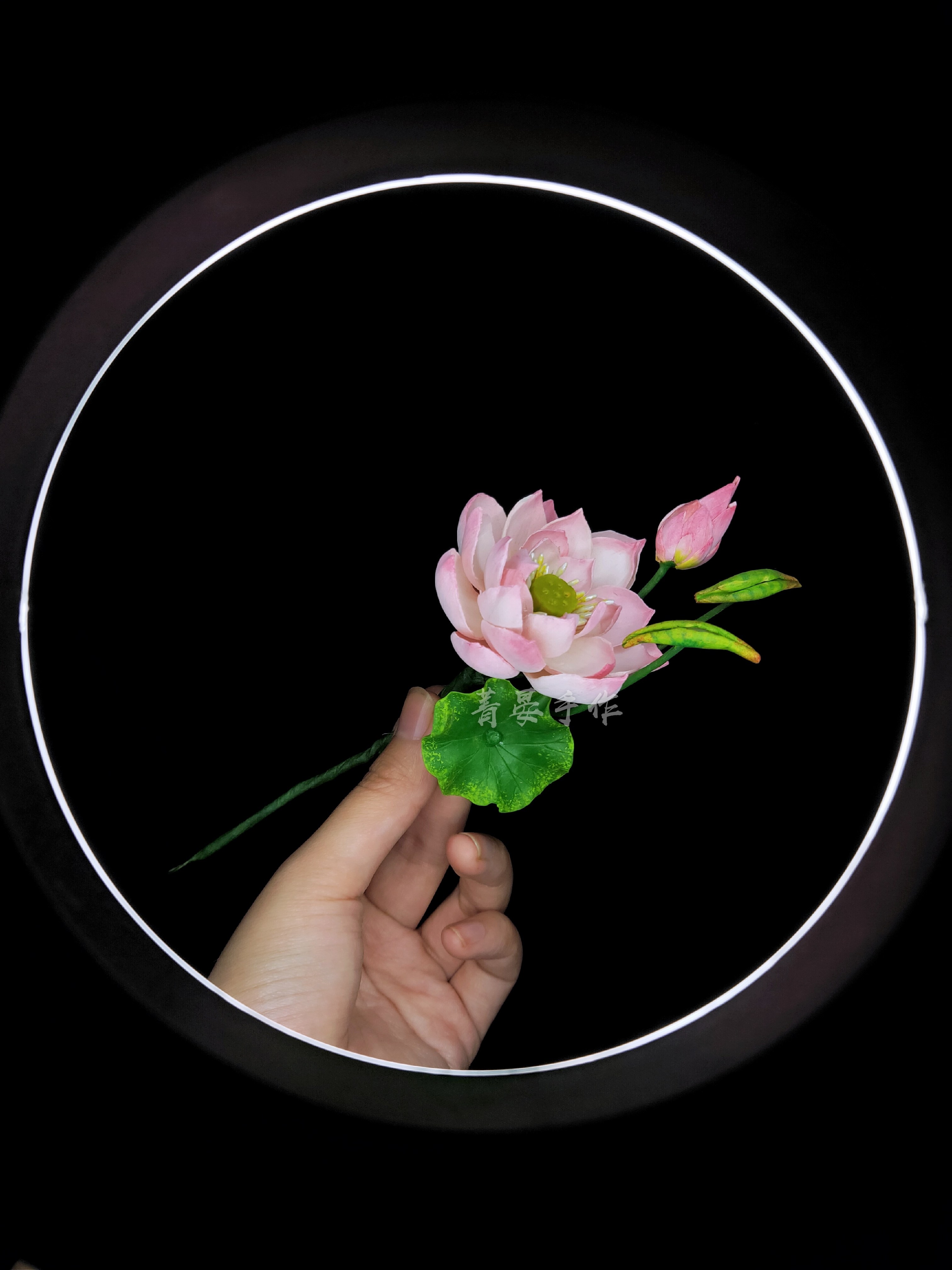 菁晏非遗通草花荷花发簪 仿真粉荷莲花摆件 汉服配饰个性古风头饰