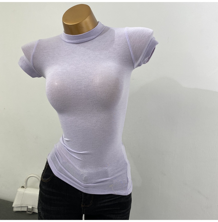 显胸大～半高领微透短袖T恤打底衫修身弹力纯色内搭2021新款上衣