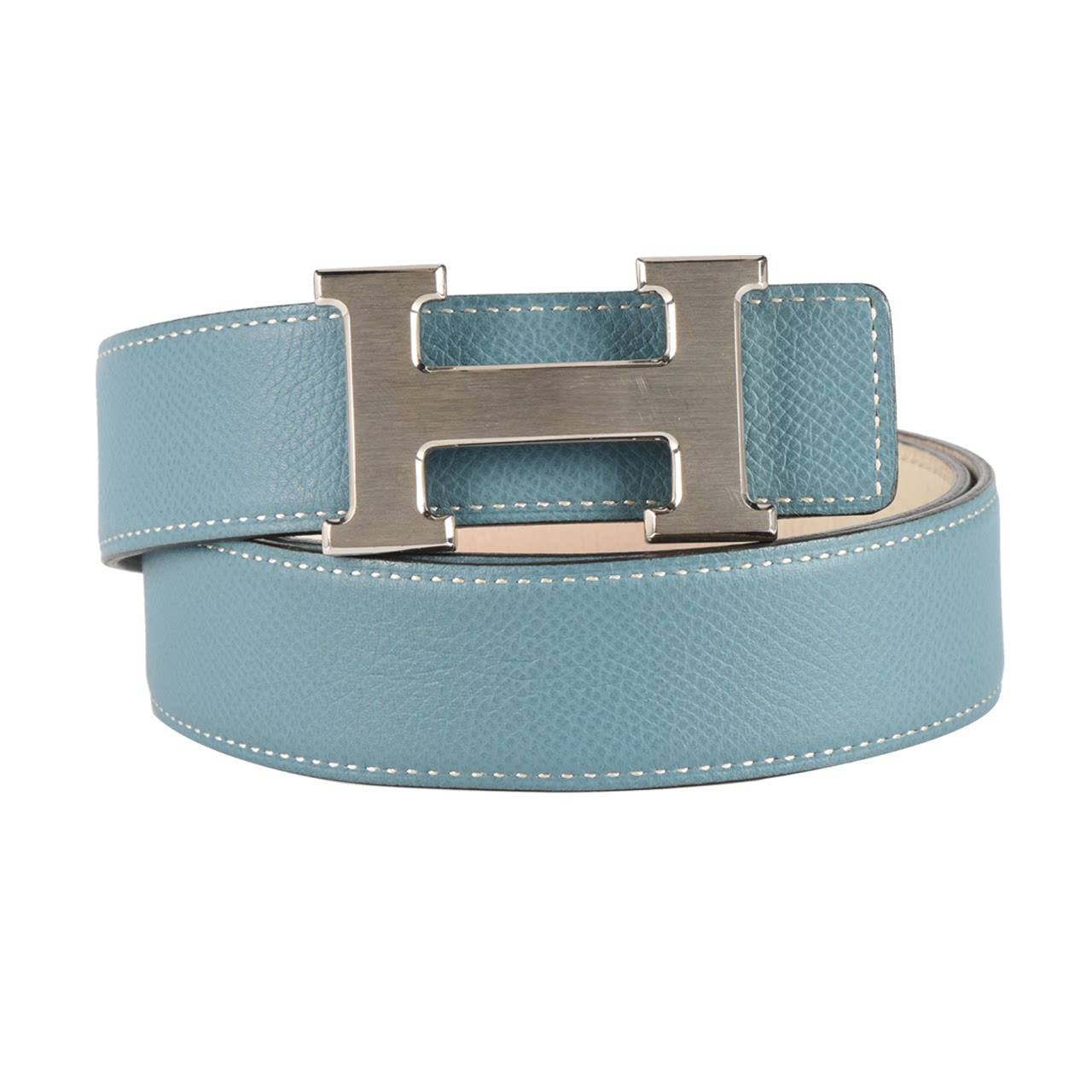 [9.5新]爱马仕hermes女士牛仔蓝拼白双面牛皮银扣皮带o刻10000923