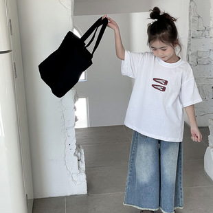 瑜瑜公主女童韩系简约趣味发夹印花短袖T恤 儿童美式复古休闲上衣