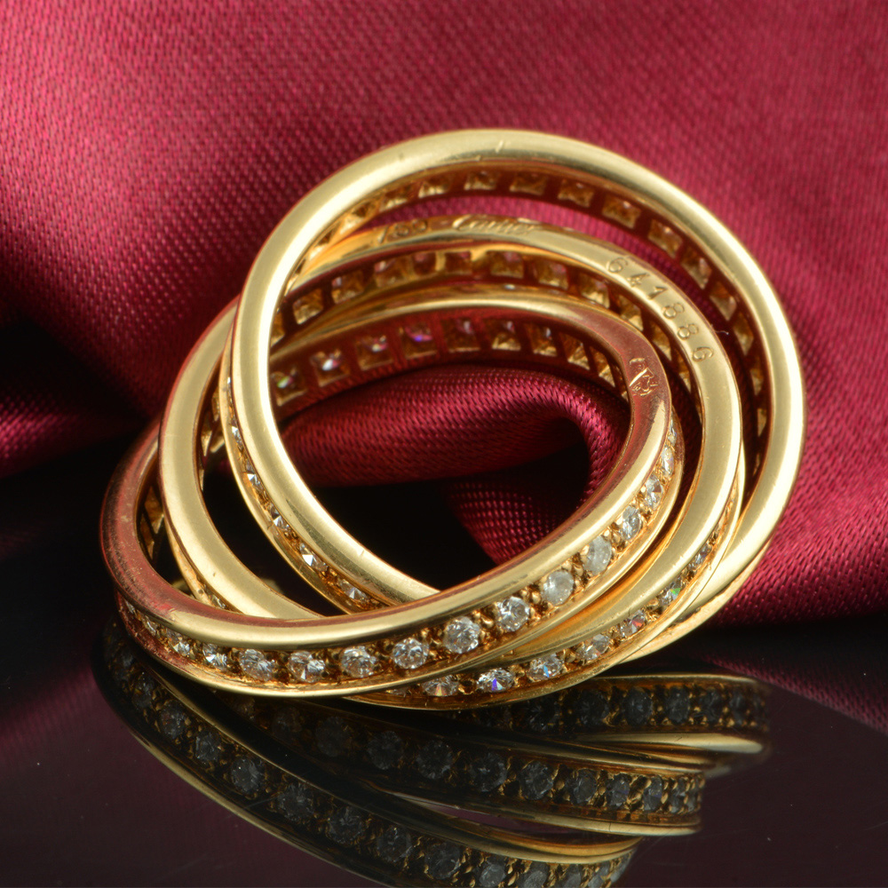 【中古】cartier/卡地亚 18k黄金三圈镶钻石戒指 尺寸57号