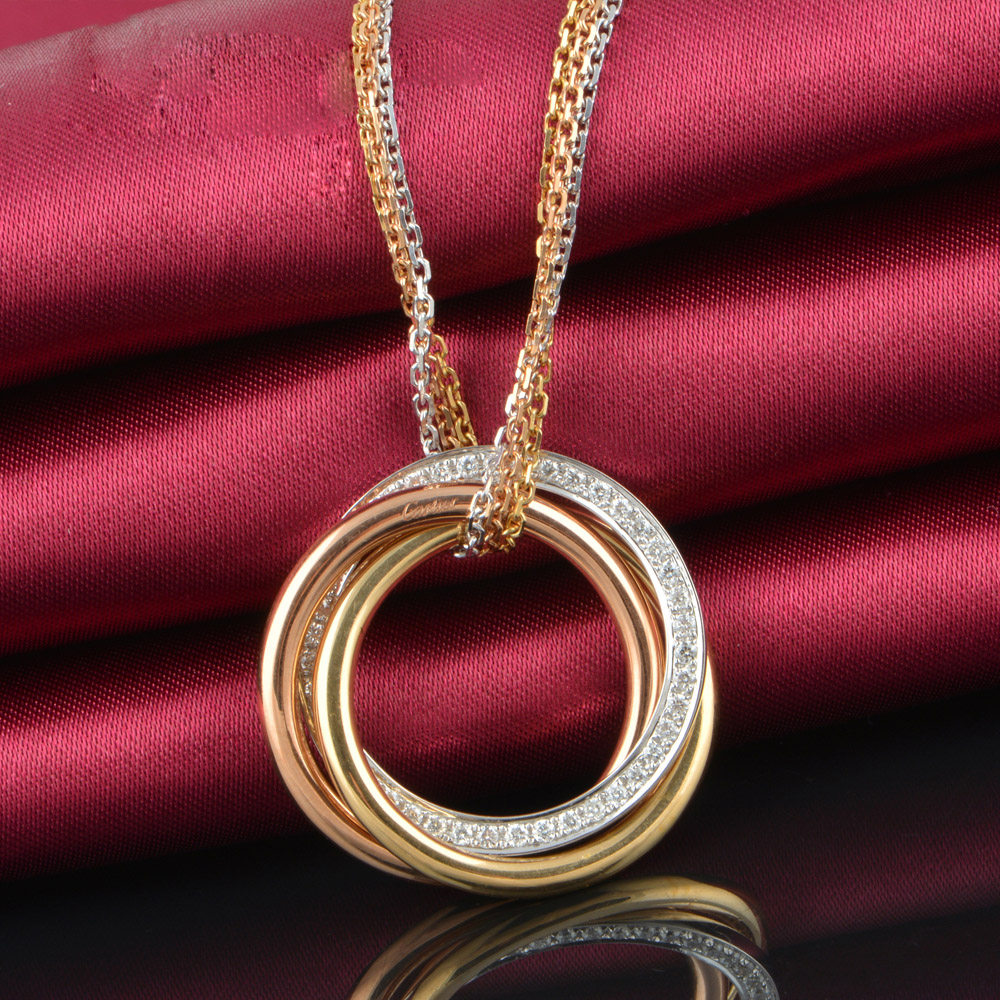 【中古】cartier/卡地亚 大号三色金三圈镶钻坠子项链链长42cm