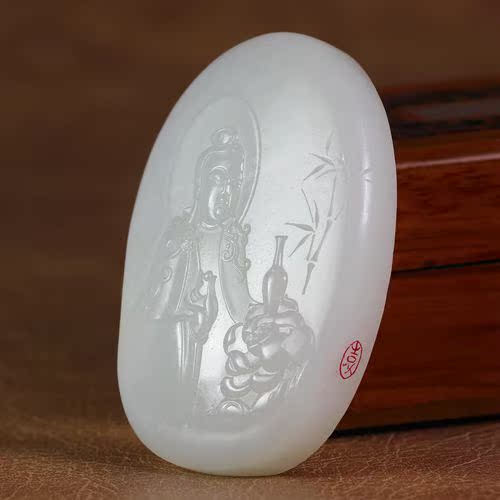 玉雕大师袁长飞作品 和田玉羊脂玉 观音手把件 108.303g