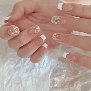 穿戴甲手工定制尺寸 白色法式闪钻款 短款方头成品美甲假指甲贴片