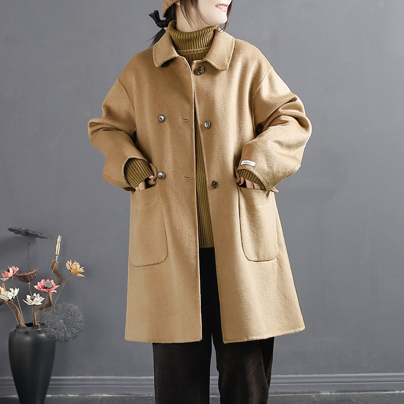 千秋飞燕双面羊绒大衣中长款驼色外套2022春新款宽松方领羊呢外套