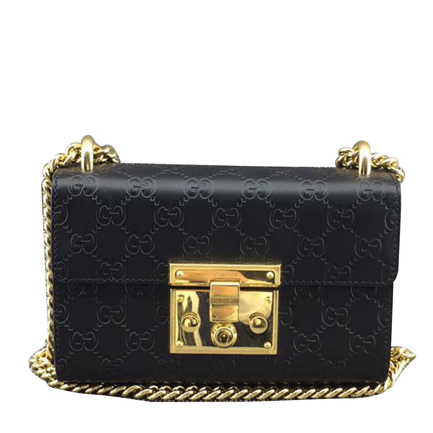 [9.8新]古驰gucci黑色全皮压花padlock链条包 女士单肩斜挎包