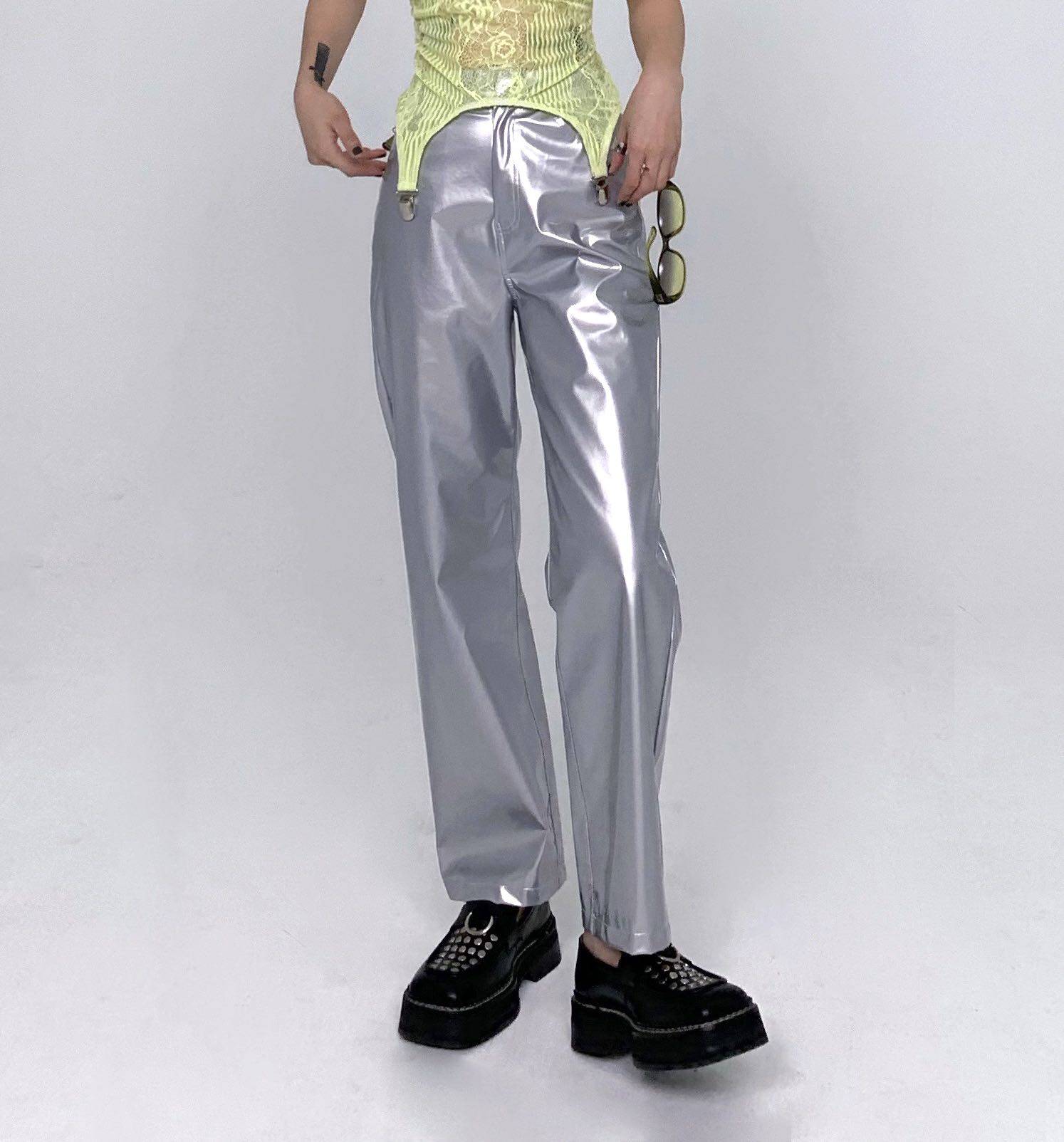 597c 原创赛博朋克y2k机能未来感银色直筒宽松阔腿九分裤直筒裤子