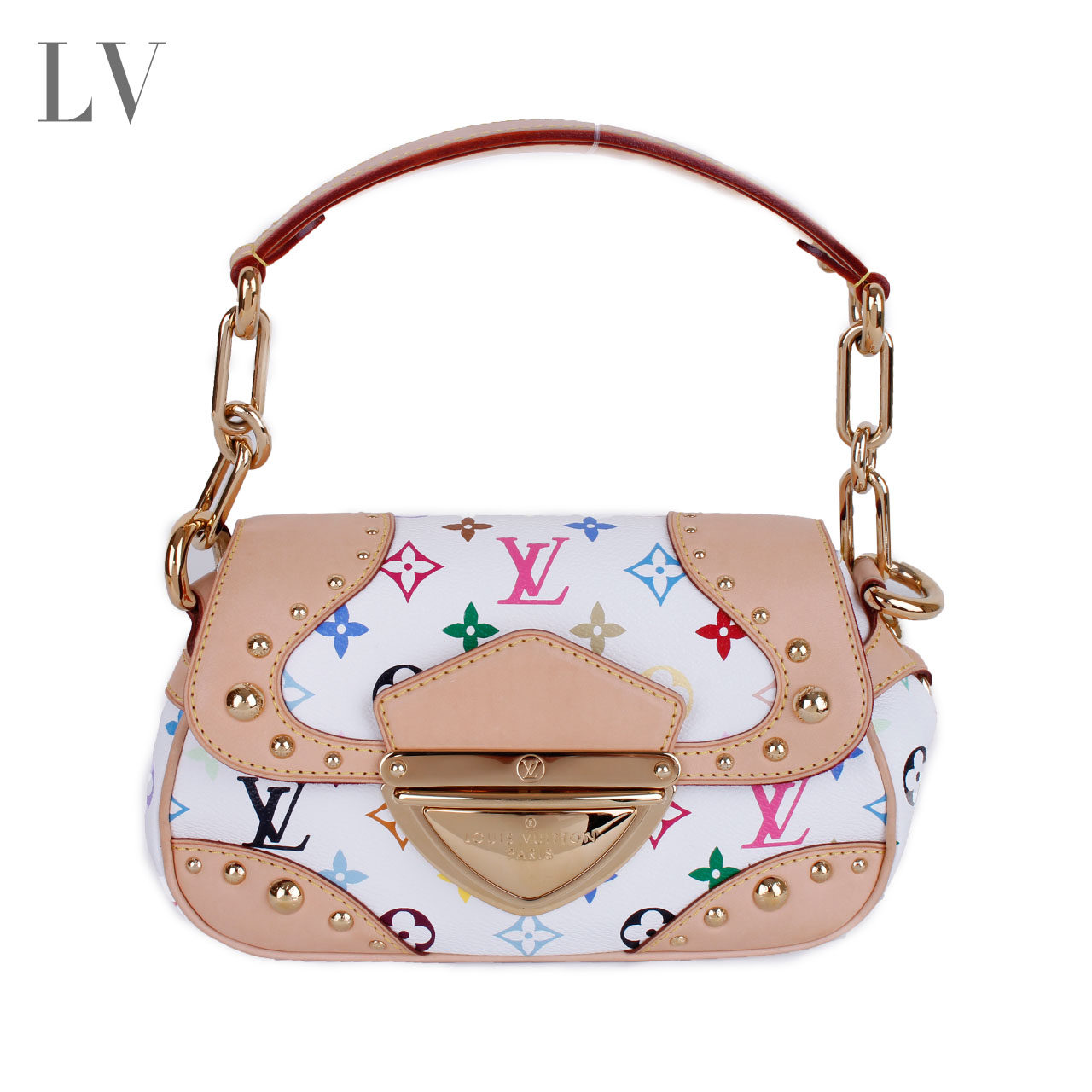 [9.5新]lv/路易威登 白33彩铆钉链条单肩手提女包