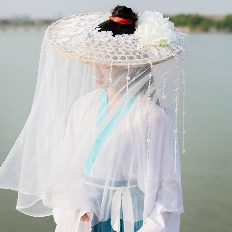 【月流苏】 古风梨花流苏斗笠帽 面纱遮阳绝美女侠客摄影道具