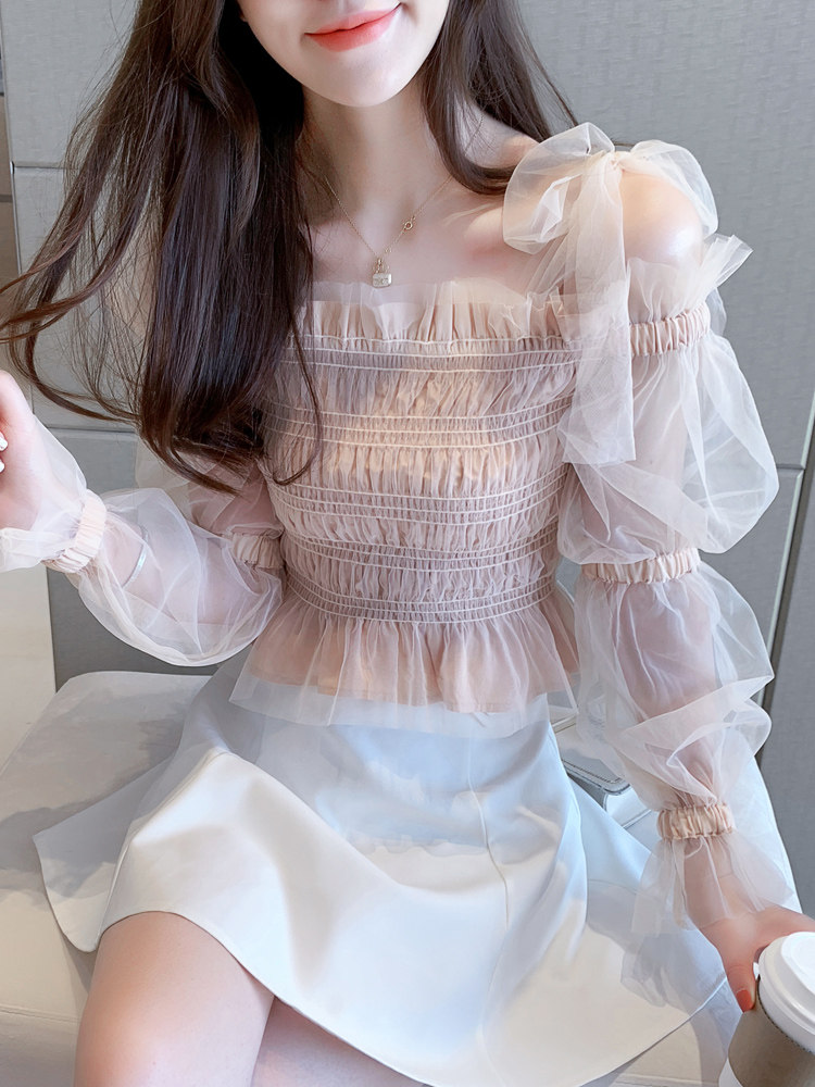 露肩上衣 一字肩 甜美_2020秋装新款露肩上衣一字肩网纱雪纺小衫洋气