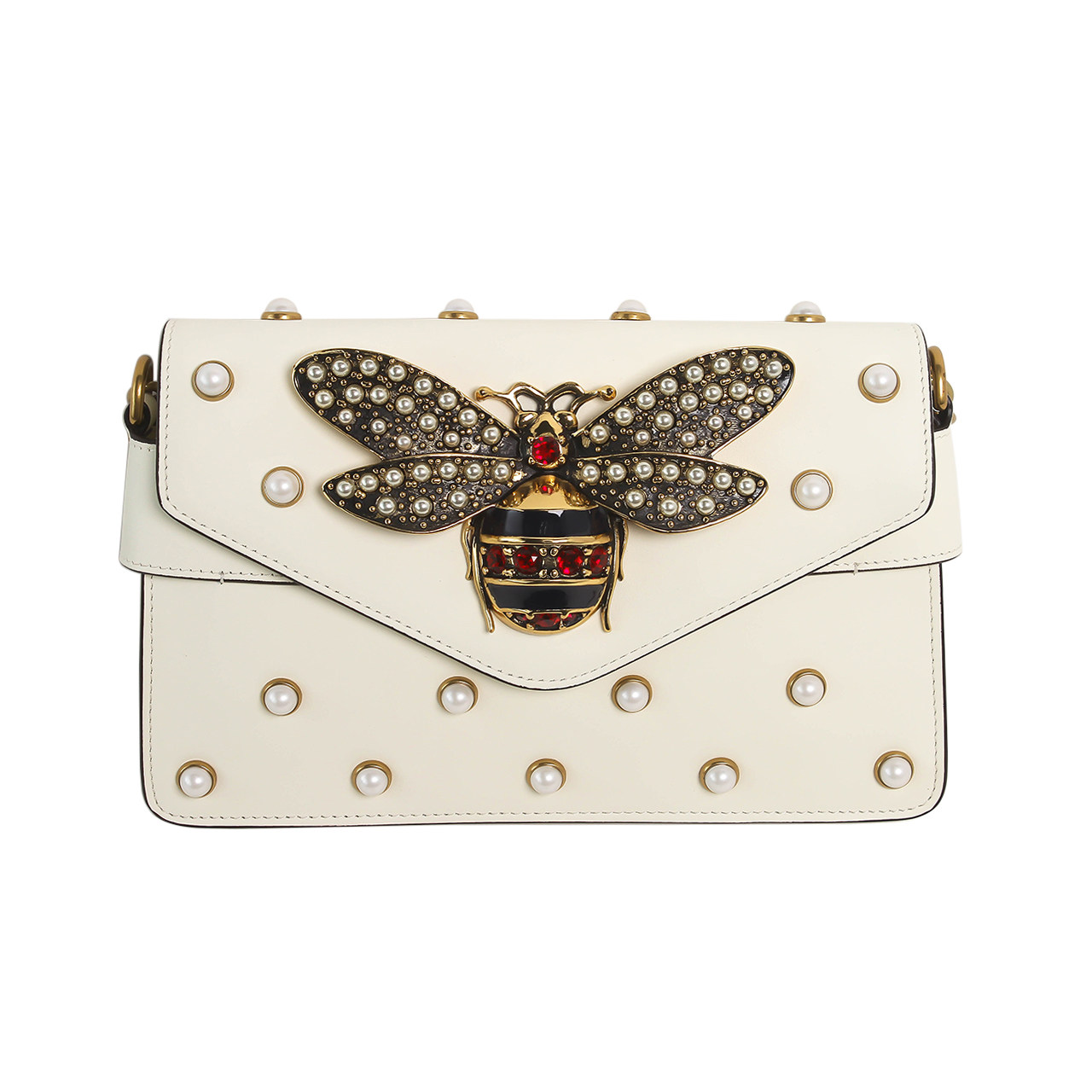 [即拍即得][9.9新]古驰gucci女士白色限量款牛皮配珍珠蜜蜂迷你包