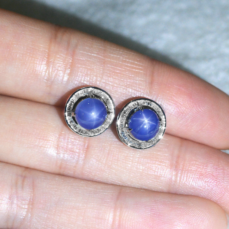 5.4ct 18k金天然星光蓝宝石耳钉 伴镶钻石 店面终身保养 1323