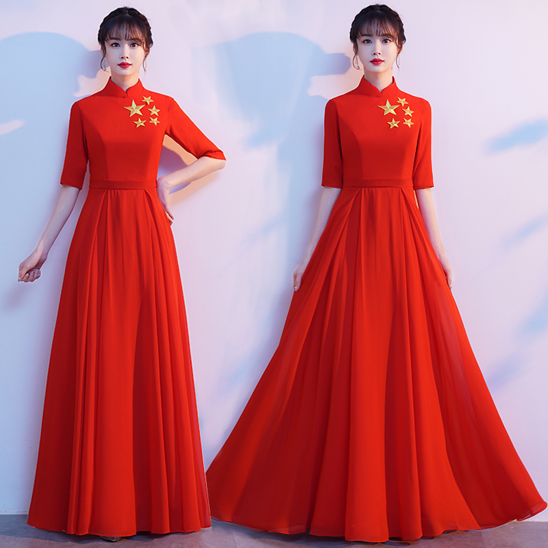 大合唱团演出服女长裙唱红歌表演服装合唱队比赛礼服红色长款学生