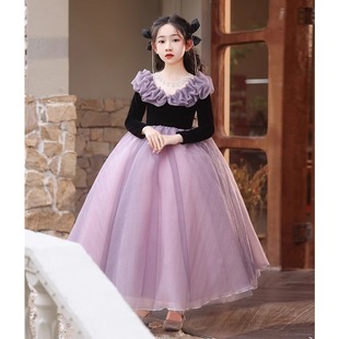 礼服女童秋冬高端生日主持人儿童紫色长袖公主裙蓬蓬纱钢琴演出服