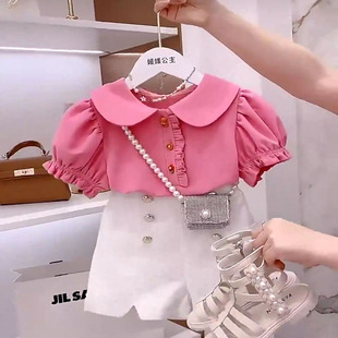 女童套装夏季2024新款时髦洋气娃娃领儿童泡泡袖T恤韩版两件套潮